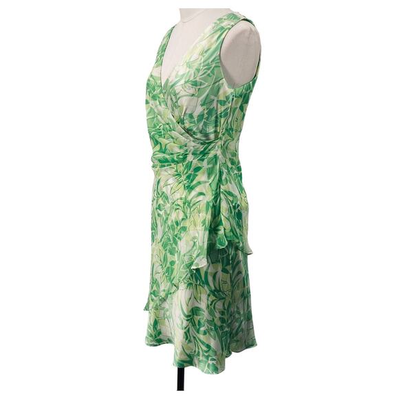 Vintage Y2k Silk Dress Floral Leaf Printed Faux Wrap Sleeveless Gathered Green - Picture 3 of 9